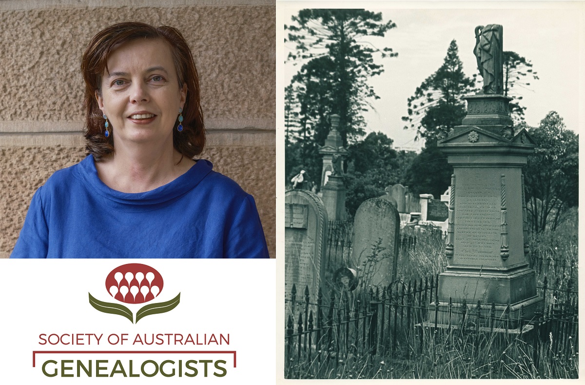 A portrait of Ruth, with the Logo of the SAG. An image of the Rookwood cemetery.